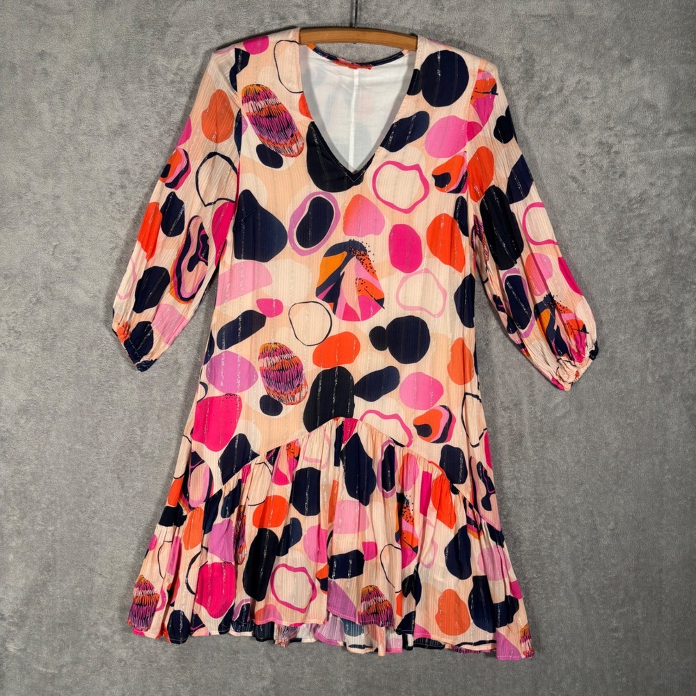 Vilagallo Mini Dress‎ EU Size 40 US M Abstract Print V Neck Ruffle Hem Shimmer